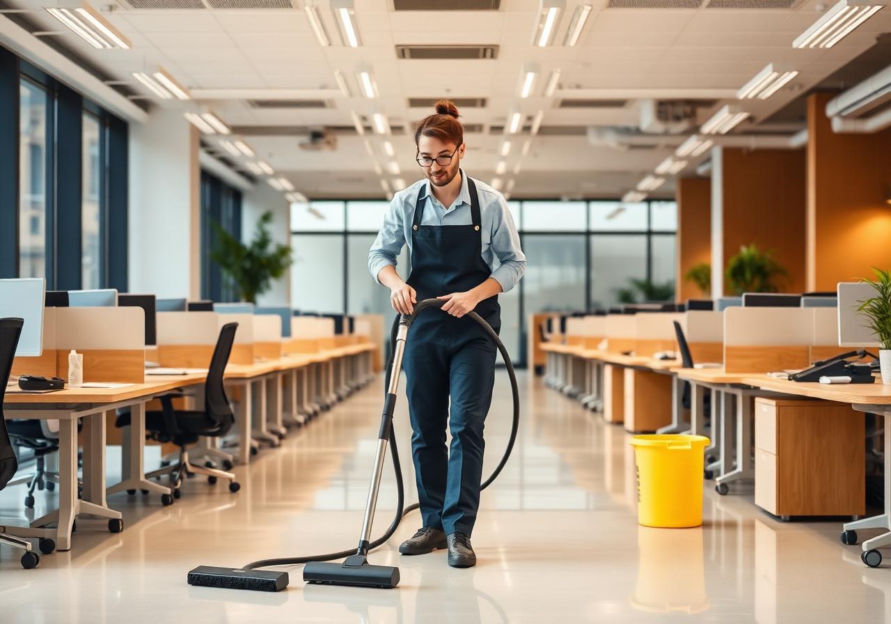 Cleaner servicing a modern open-plan office