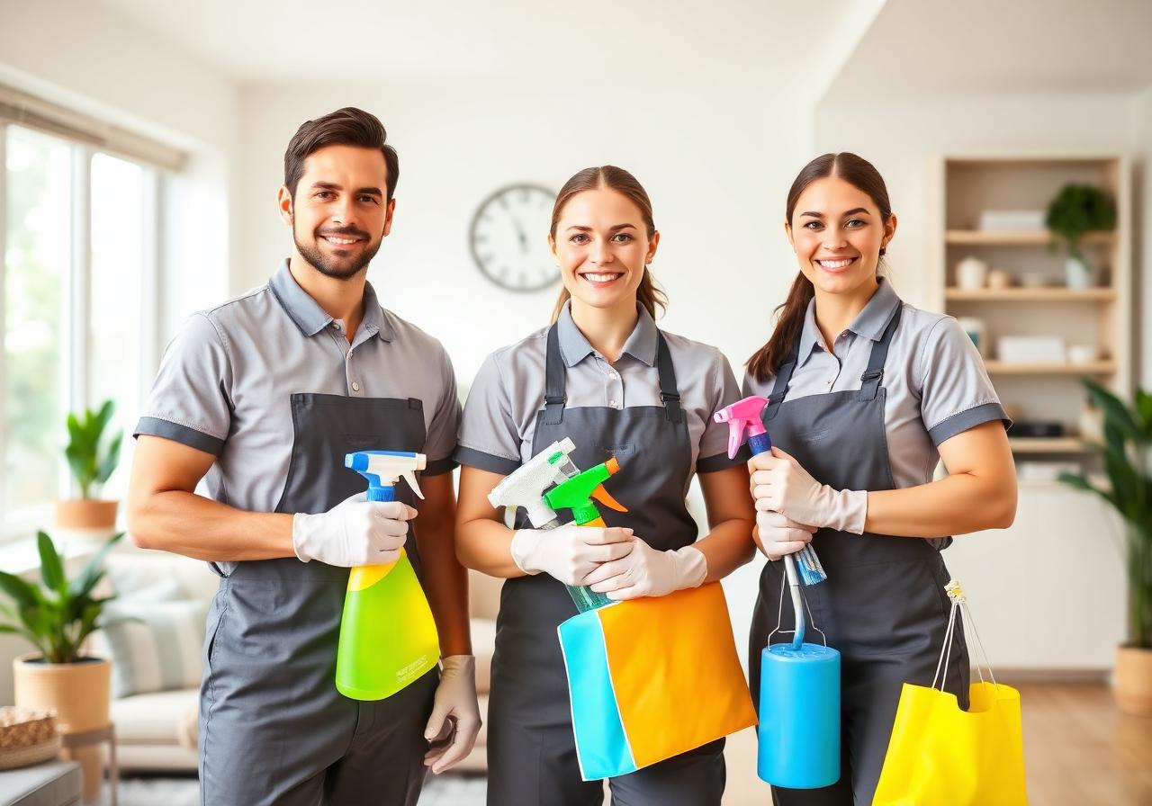 Friendly cleaning team with supplies in a modern home