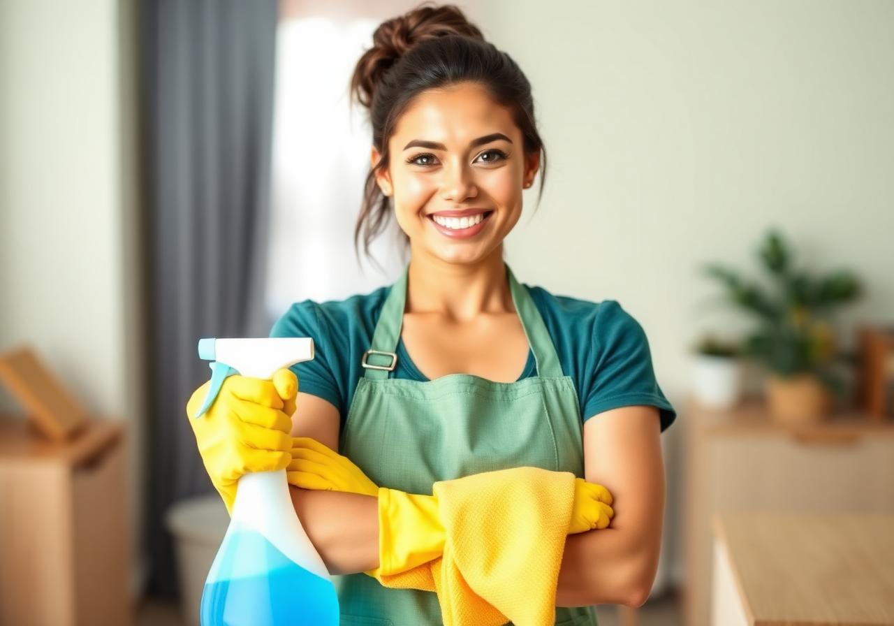 Smiling housekeeper holding cleaning supplies